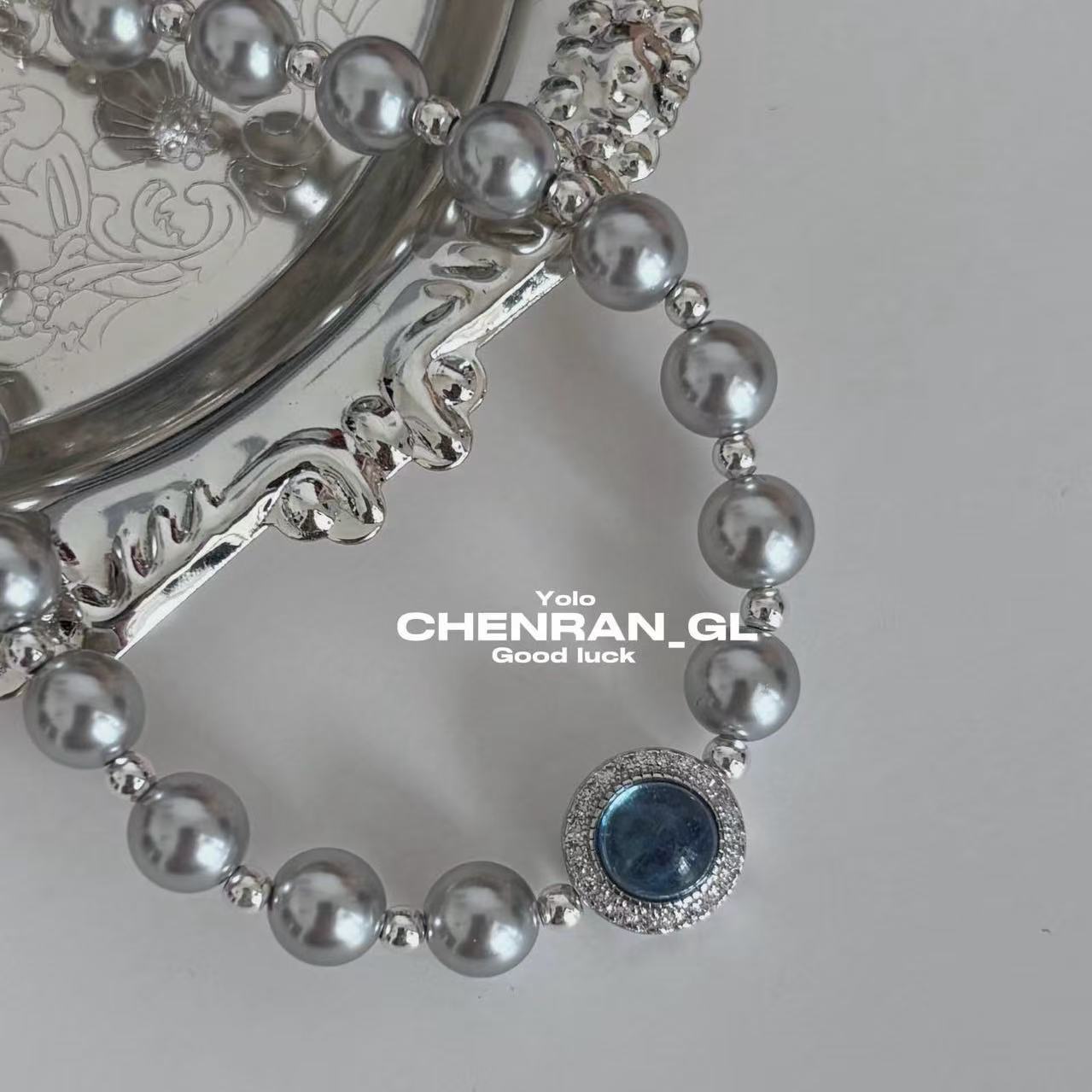 S925 silver natural aquamarine faux pearl bracelet