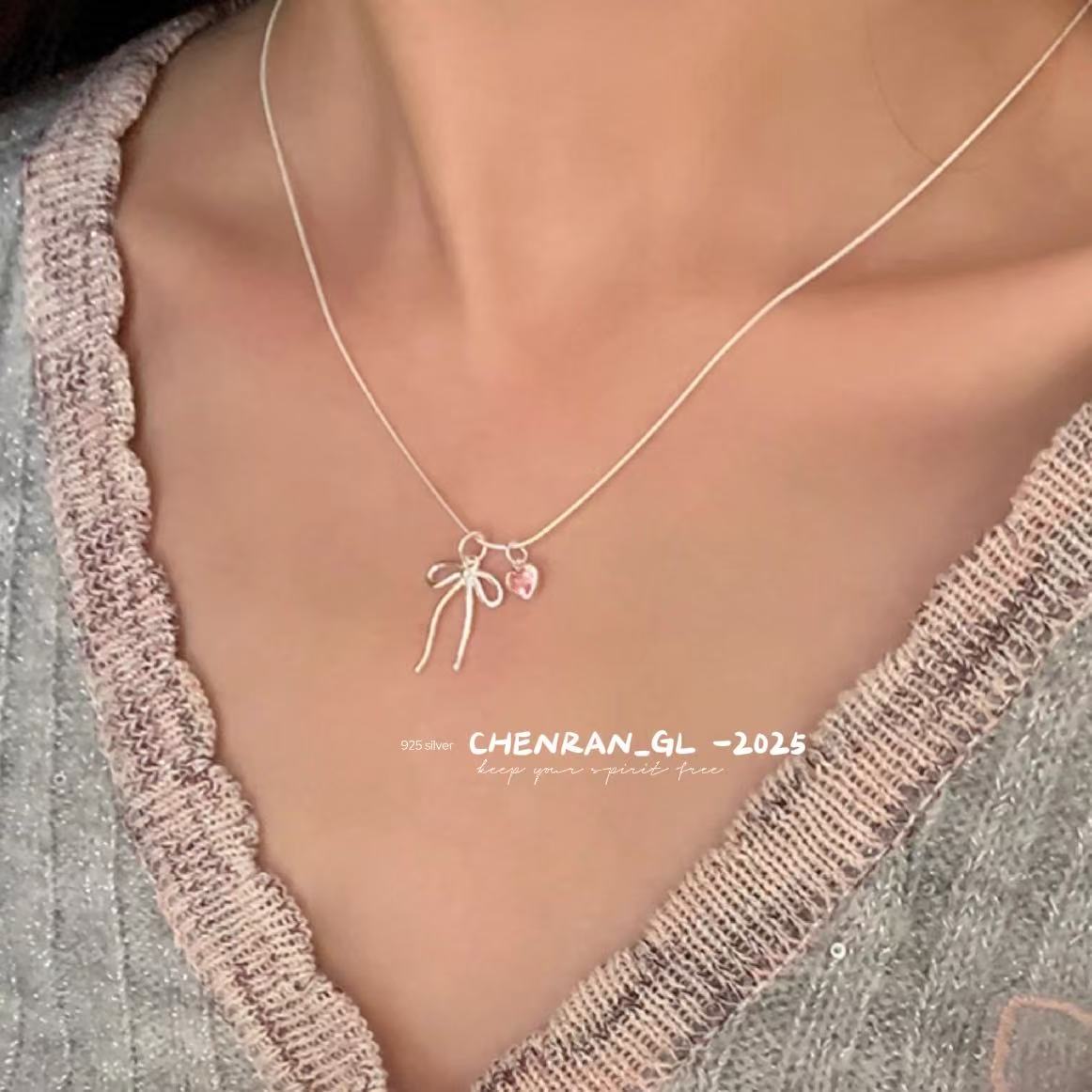 S925 silver pink diamond heart-shaped bow necklace