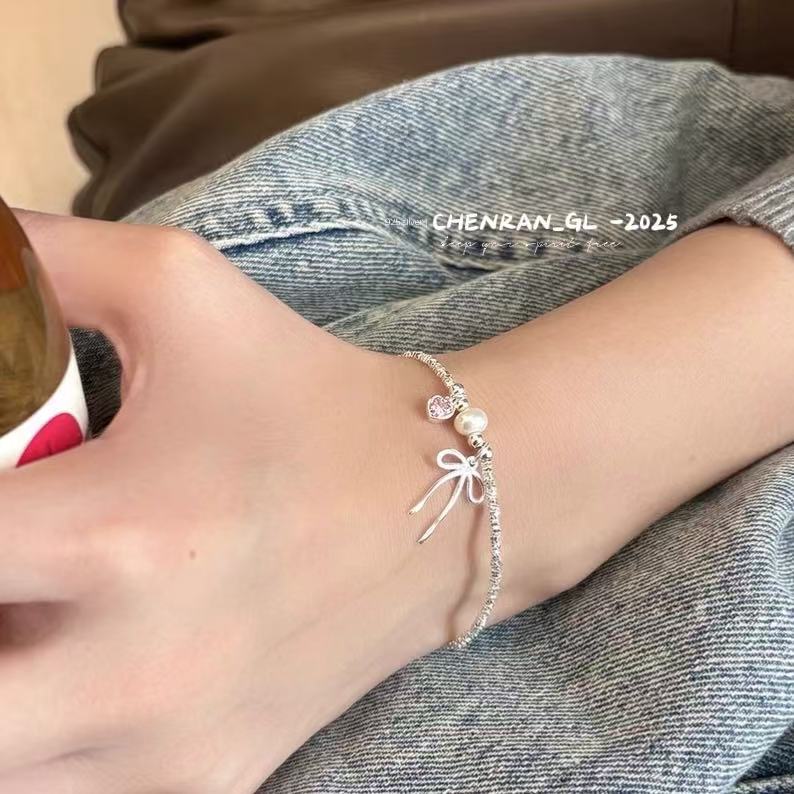 S925 silver freshwater pearl pink zircon bracelet