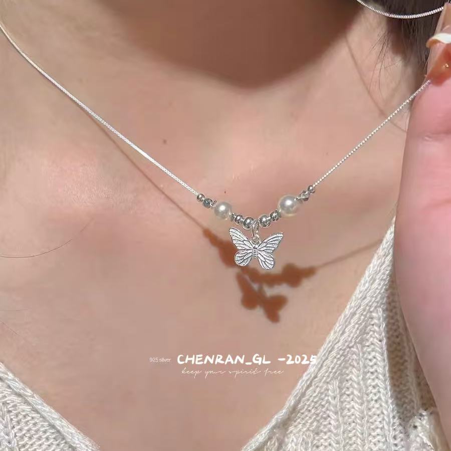 S925 silver a lively and ethereal butterfly faux pearl necklace