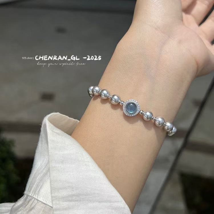S925 silver natural aquamarine faux pearl bracelet