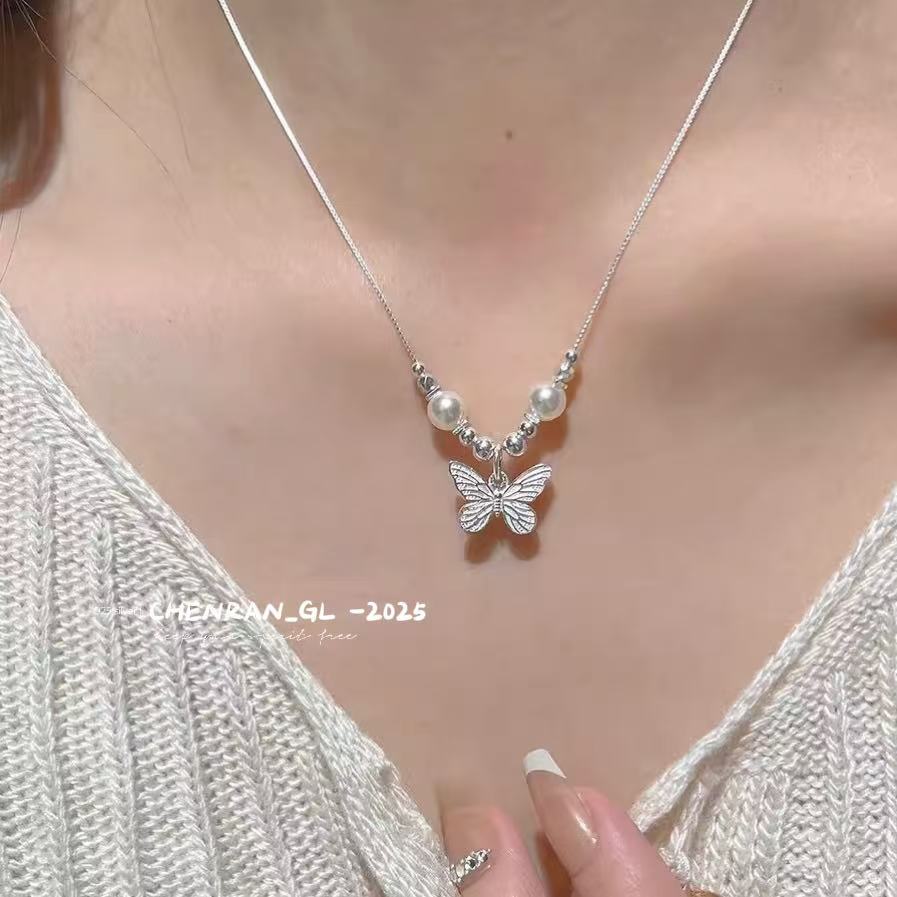 S925 silver a lively and ethereal butterfly faux pearl necklace
