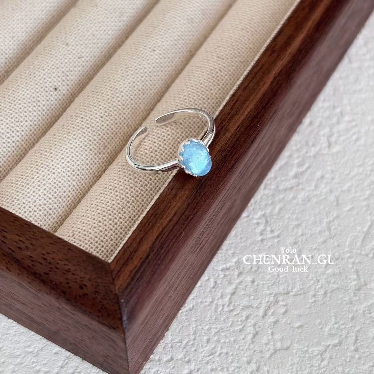 S925 silver ice-transparent oval aquamarine ring