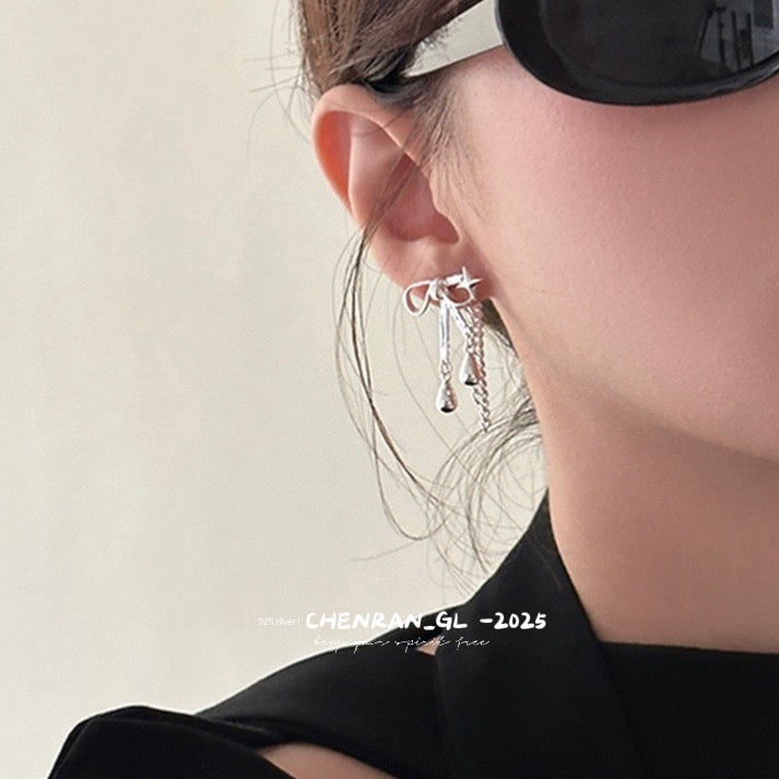 Four-pointed star water drop pendant and irregular bowknot stud earrings
