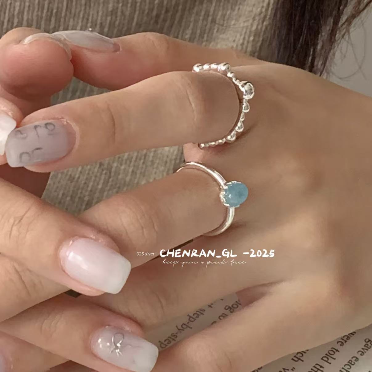 S925 silver ice-transparent oval aquamarine ring