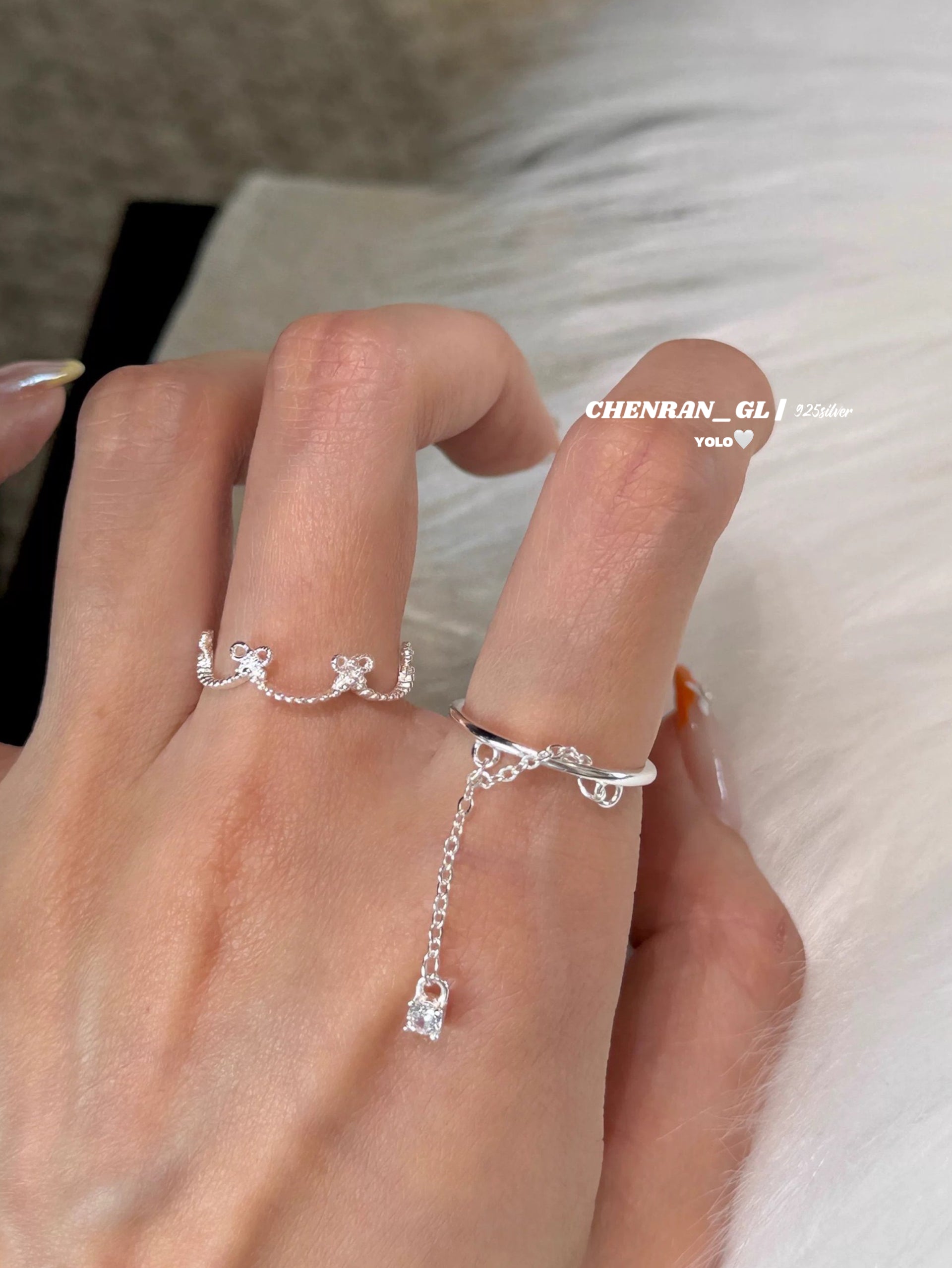 S925 silver sweet pink cute bear zircon bow ring