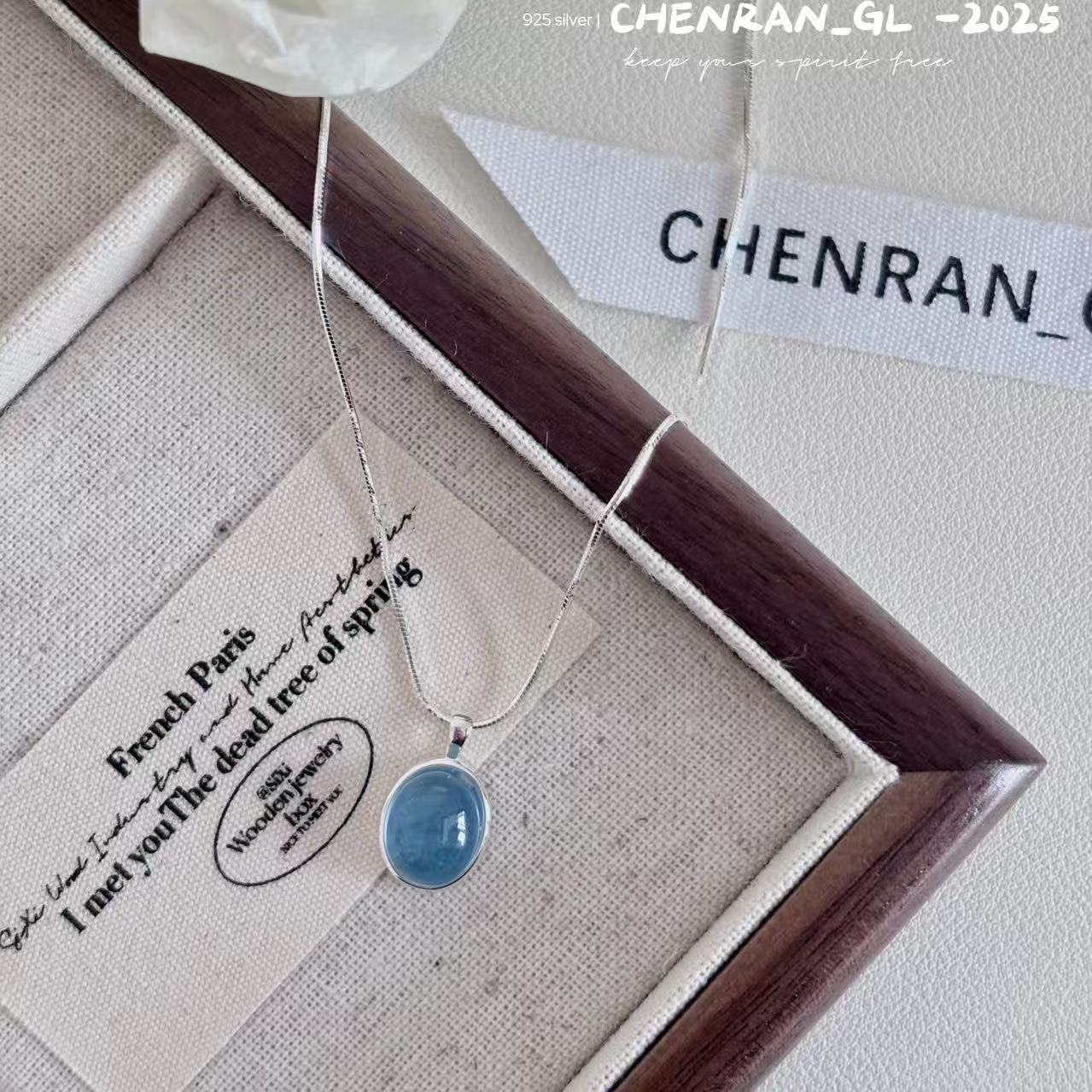 S925 silver water drop pendant aquamarine necklace