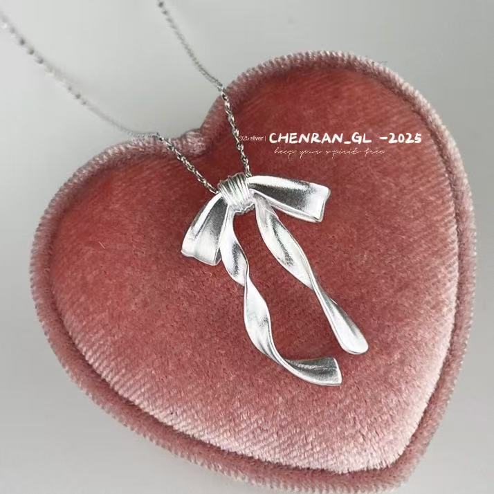 S925 silver frosted bow ribbon necklace