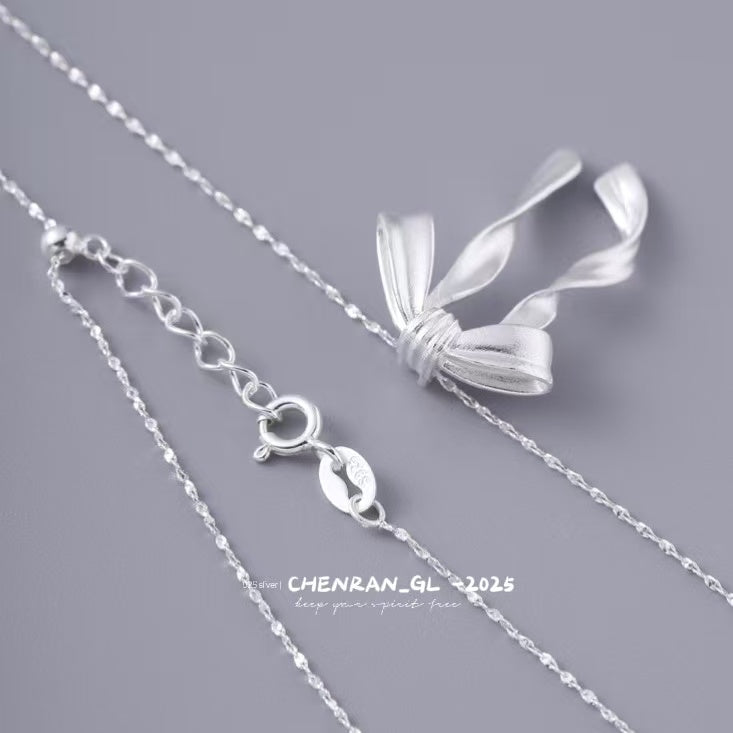 S925 silver frosted bow ribbon necklace