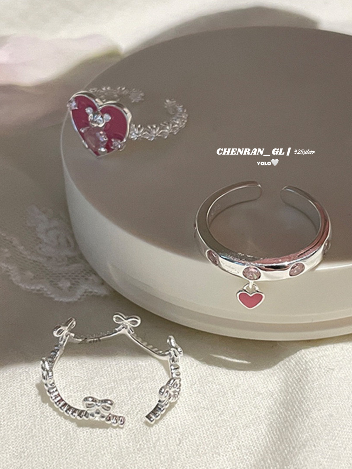 S925 silver sweet pink cute bear zircon bow ring