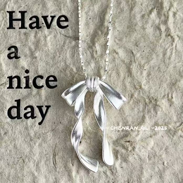 S925 silver frosted bow ribbon necklace