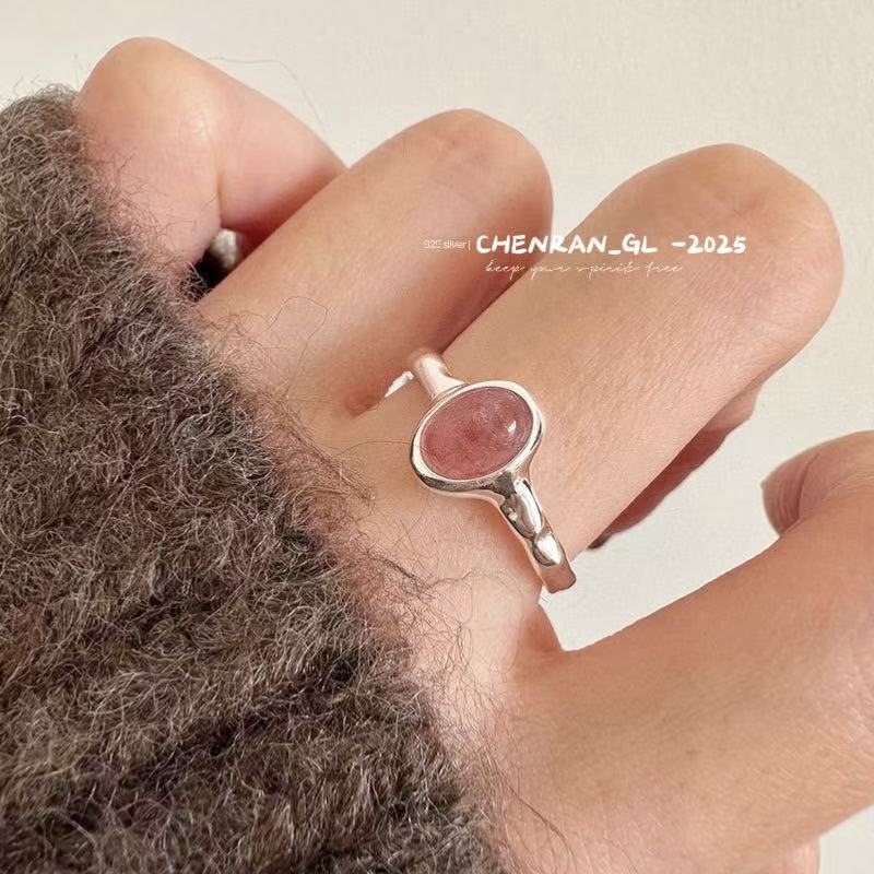 S925 silver oval strawberry crystal ring