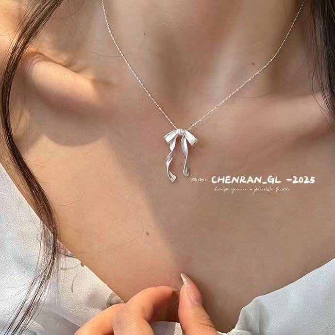 S925 silver frosted bow ribbon necklace