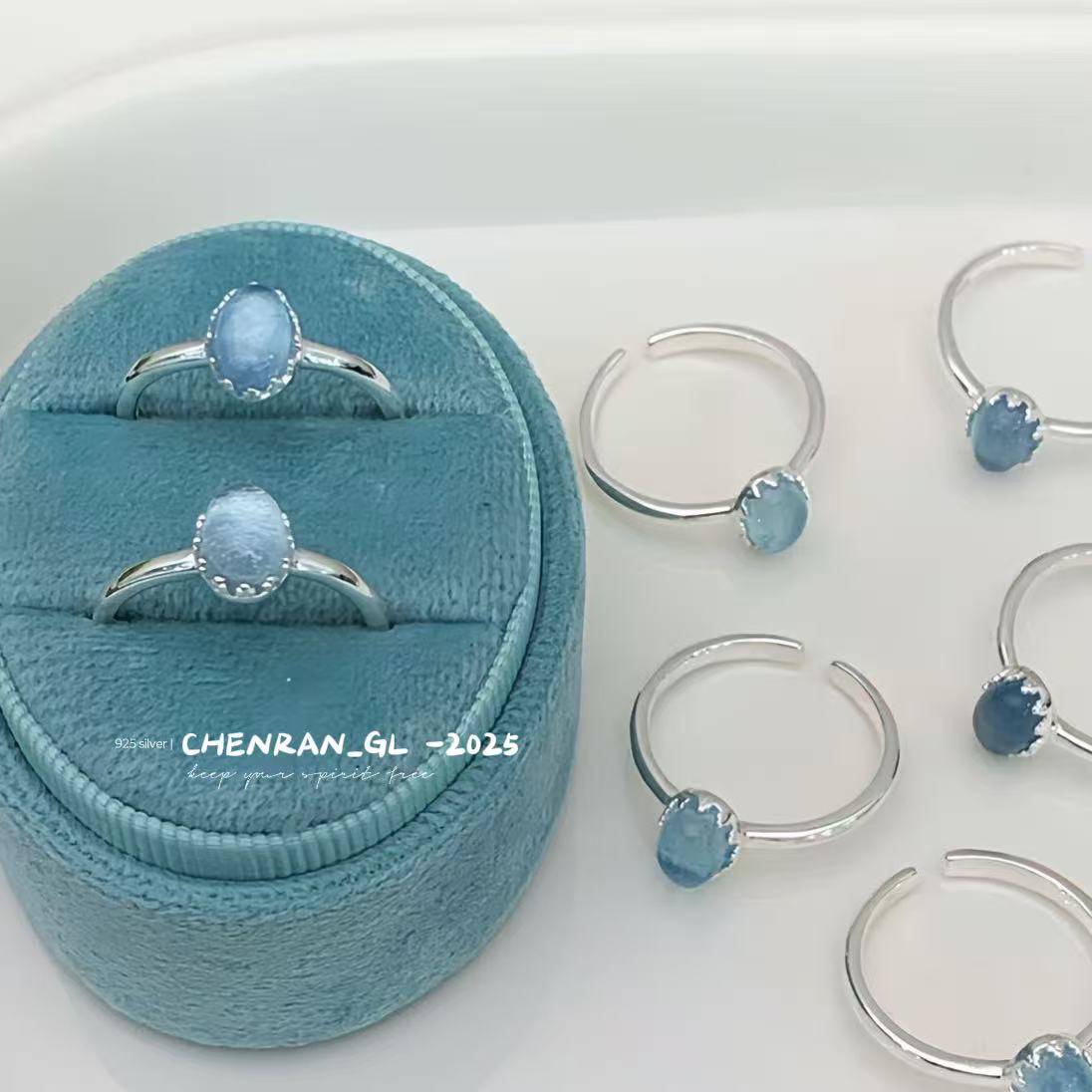 S925 silver ice-transparent oval aquamarine ring