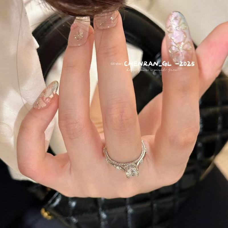 925 silver four-prong round diamond ring