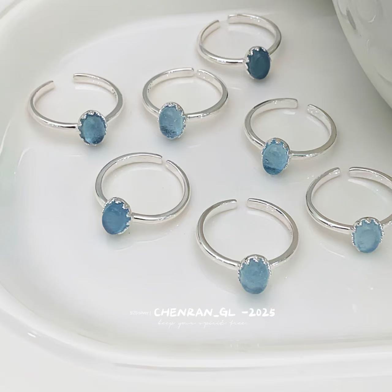S925 silver ice-transparent oval aquamarine ring