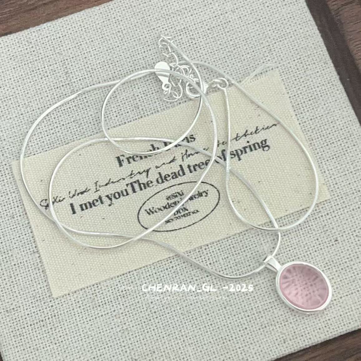 S925 silver sweet natural cherry blossom pink chalcedony necklace