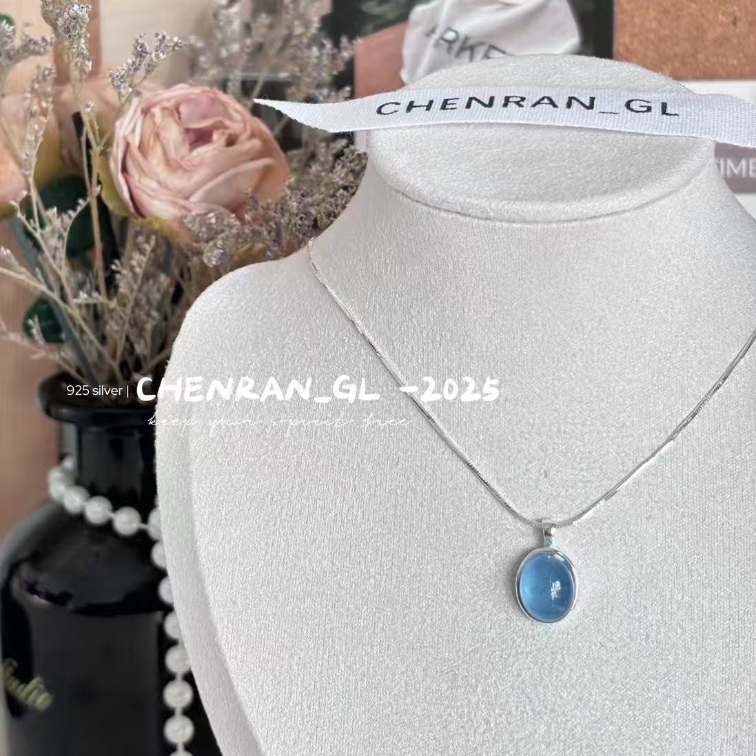 S925 silver water drop pendant aquamarine necklace