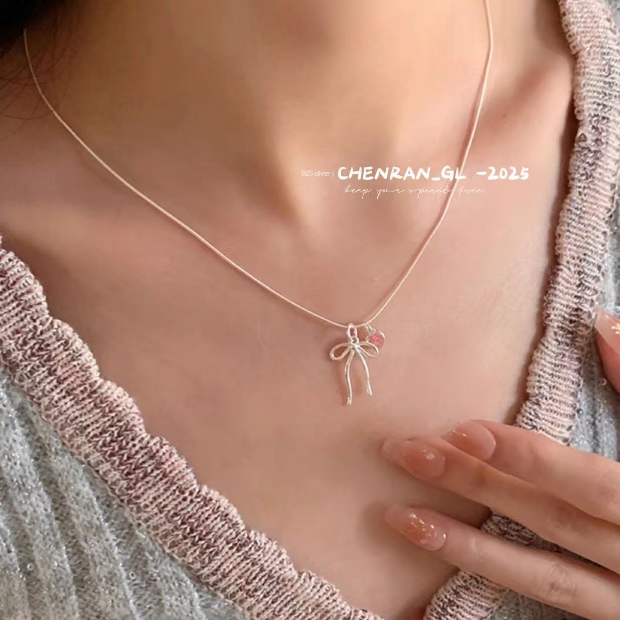 S925 silver pink diamond heart-shaped bow necklace