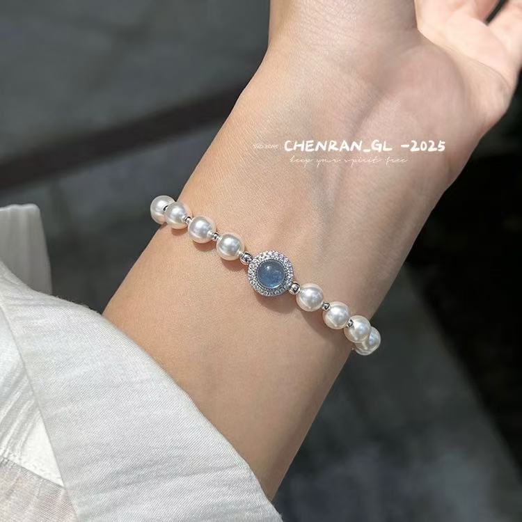S925 silver natural aquamarine faux pearl bracelet