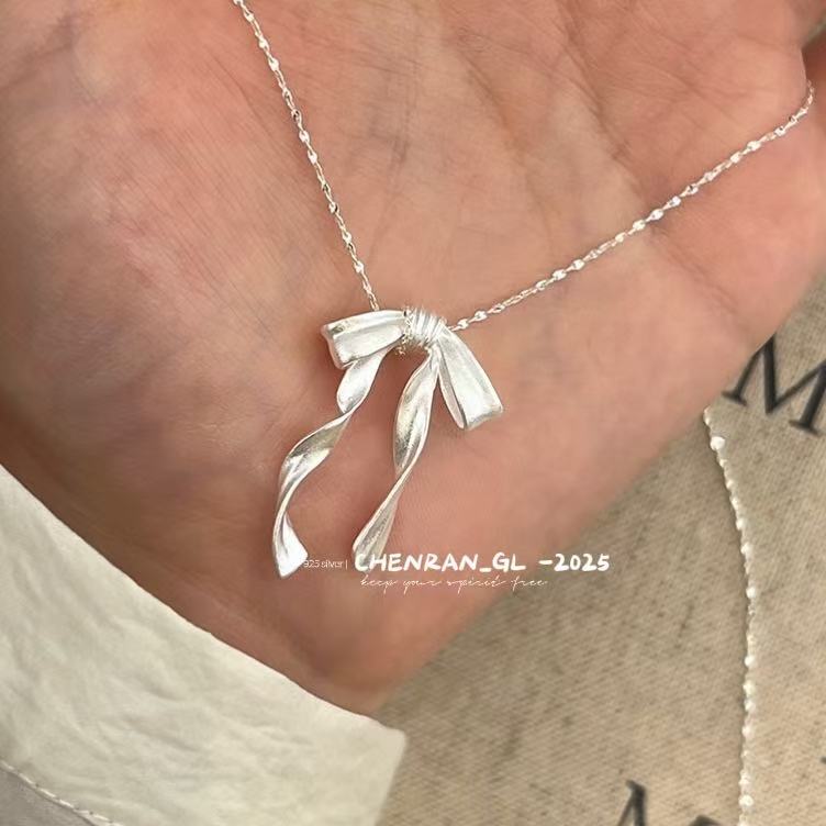 S925 silver frosted bow ribbon necklace