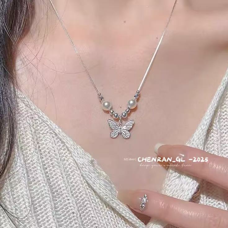 S925 silver a lively and ethereal butterfly faux pearl necklace