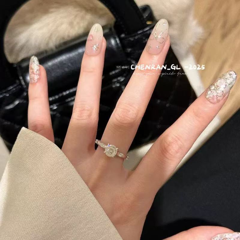 925 silver four-prong round diamond ring