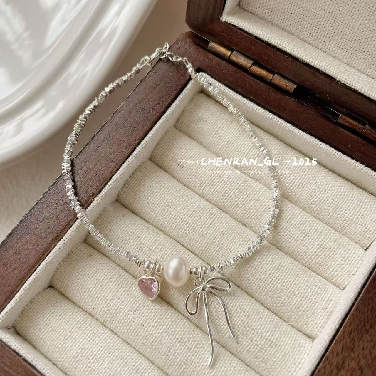 S925 silver freshwater pearl pink zircon bracelet