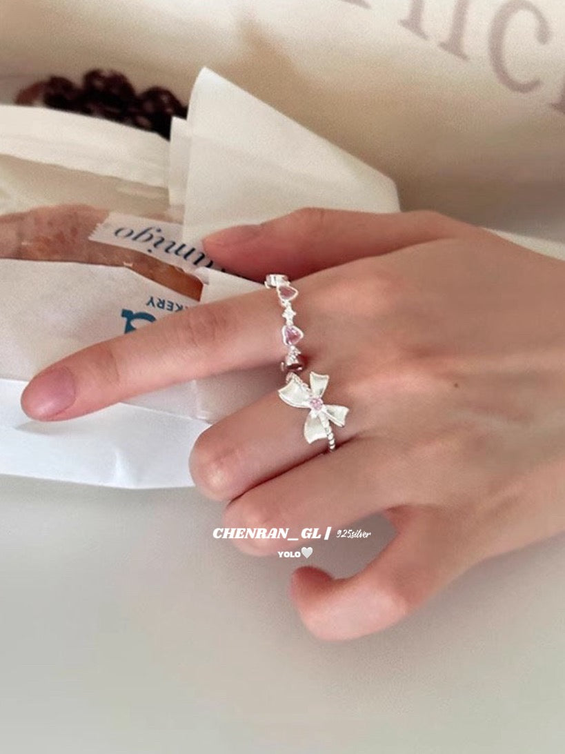 S925 silver bow pink diamond ring