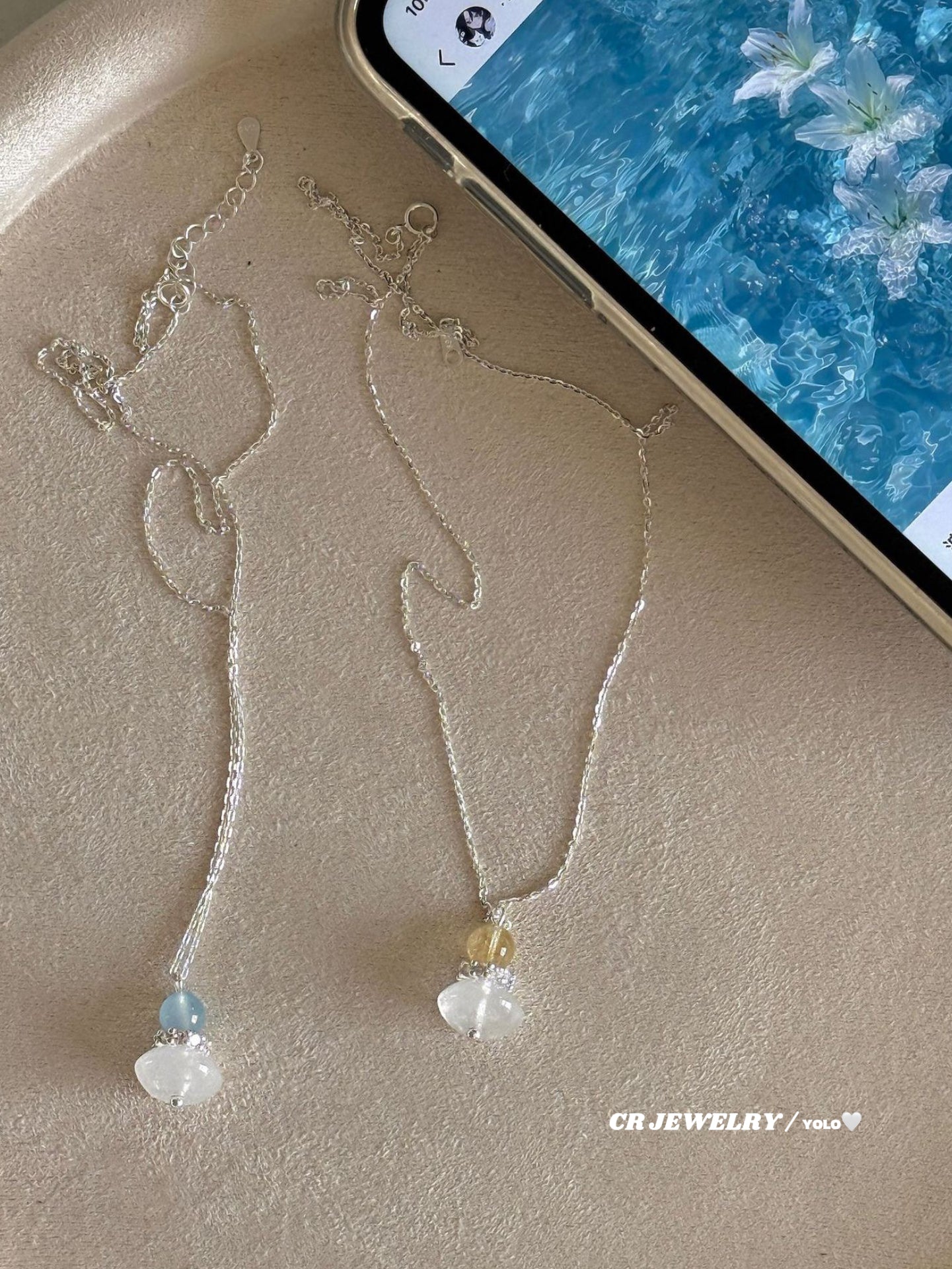 S925 silver natural white agate, yellow quartz, aquamarine necklace