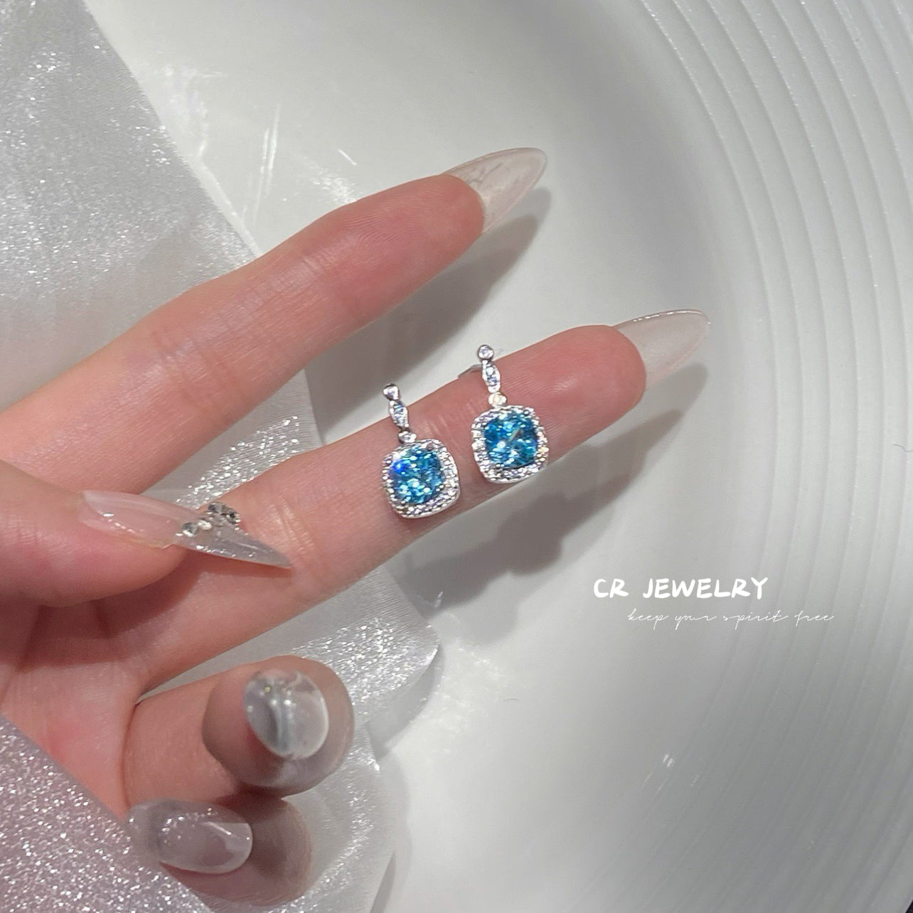 S925 silver blue zircon pendant necklace earrings set