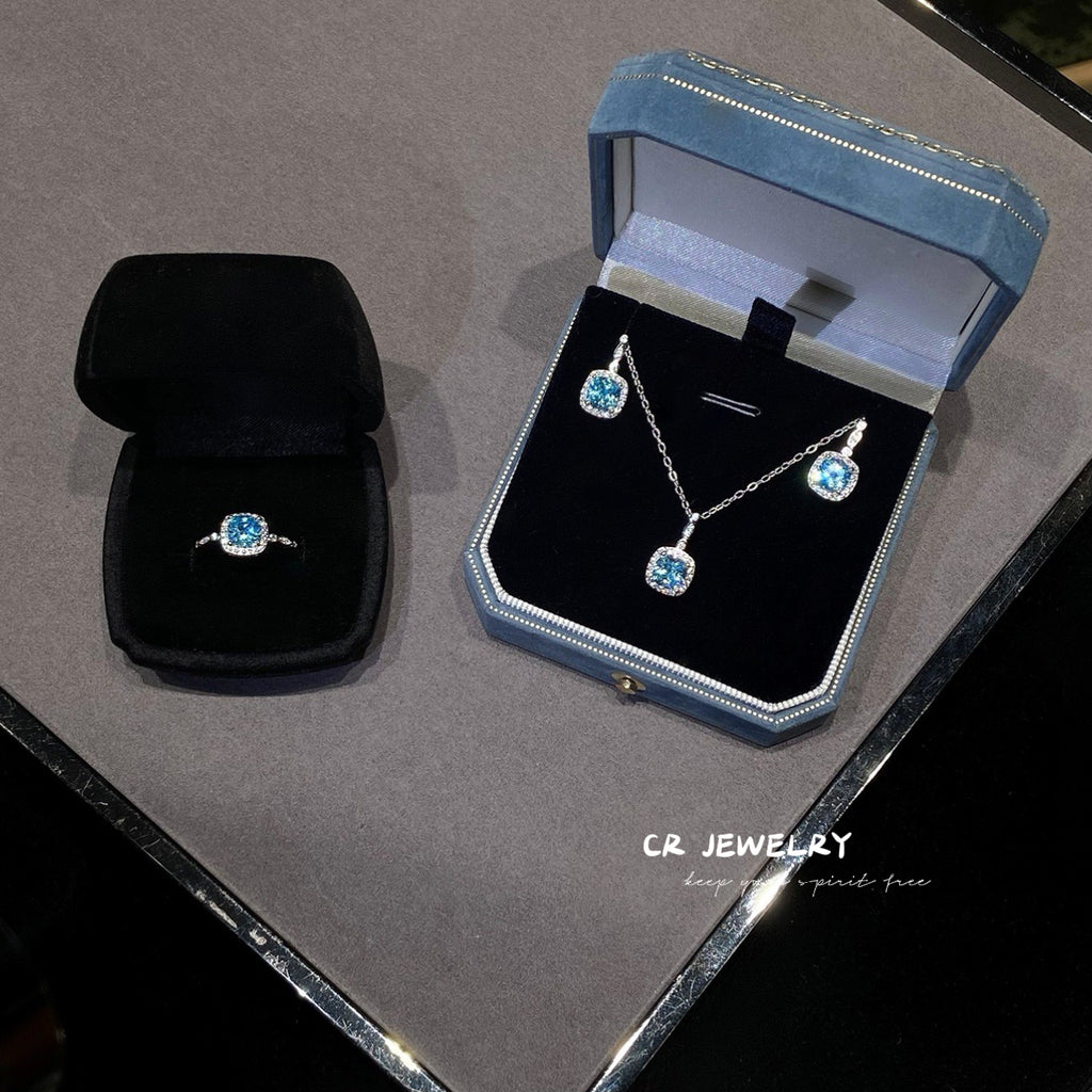 S925 silver blue zircon pendant necklace earrings set