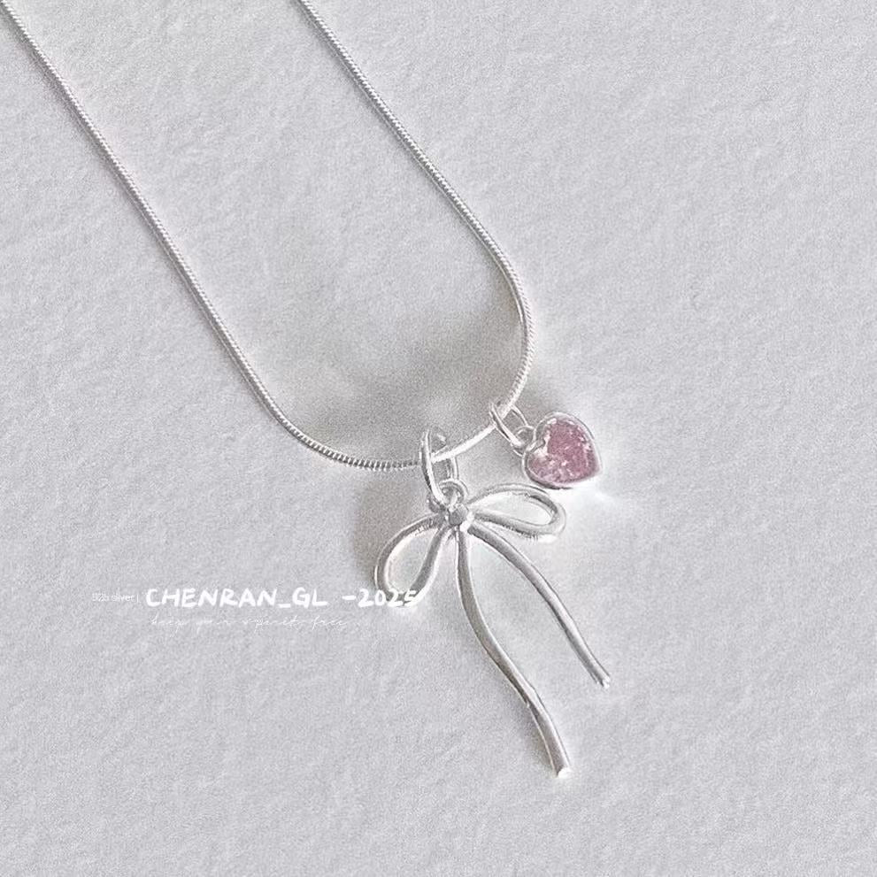 S925 silver pink diamond heart-shaped bow necklace