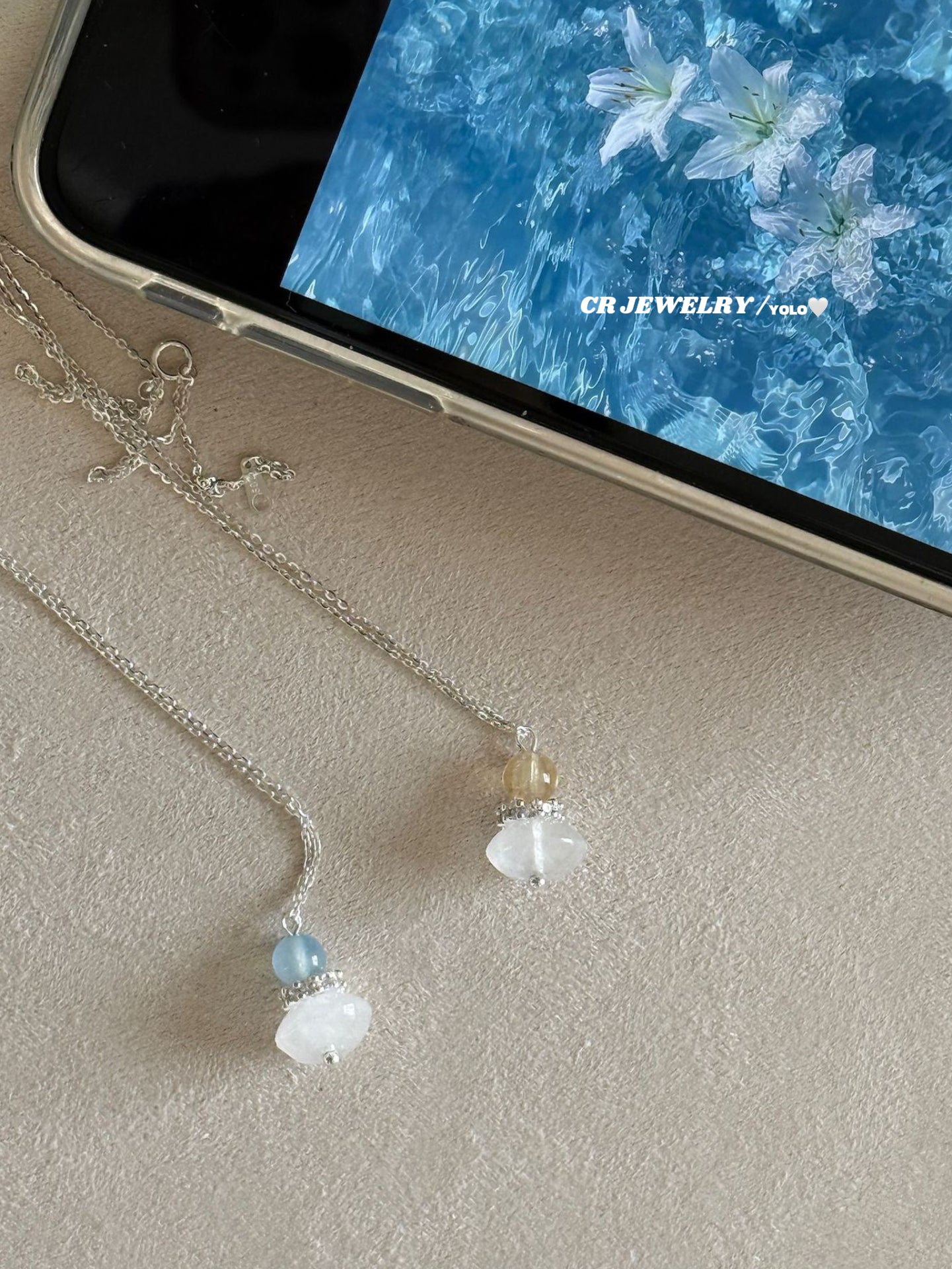 S925 silver natural white agate, yellow quartz, aquamarine necklace