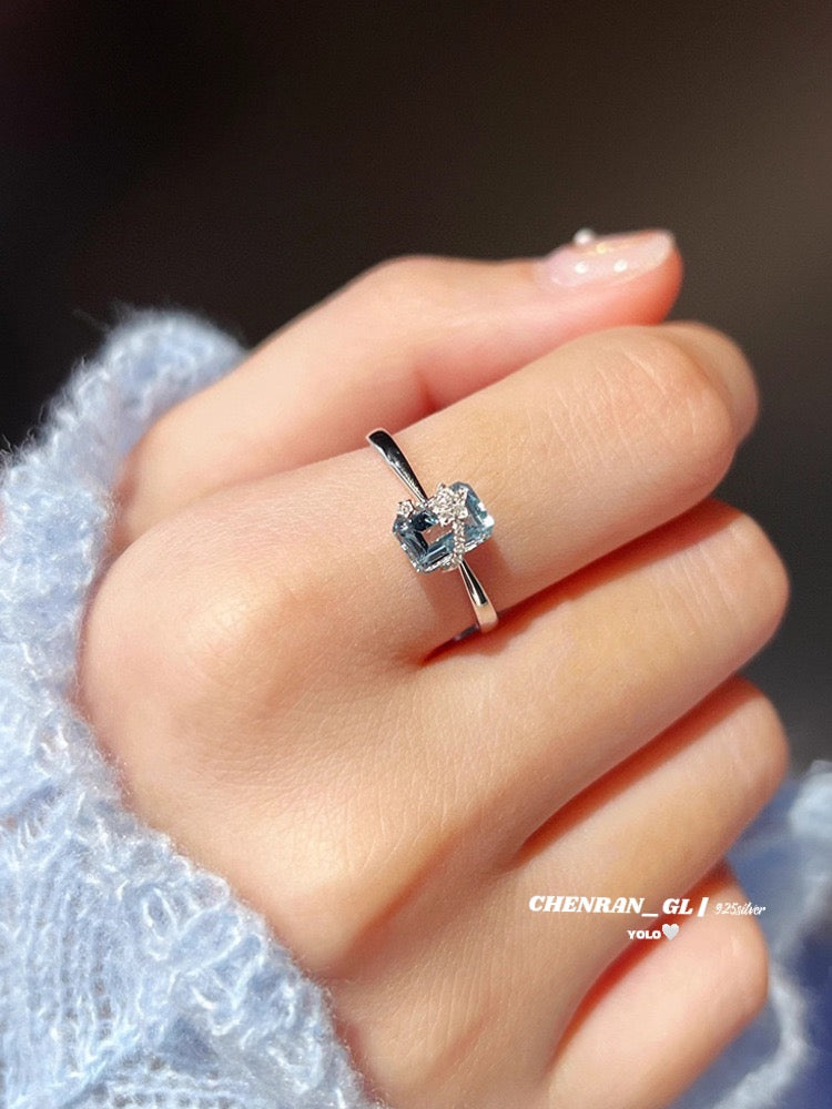S925 silver meteor sea blue zirconium ring