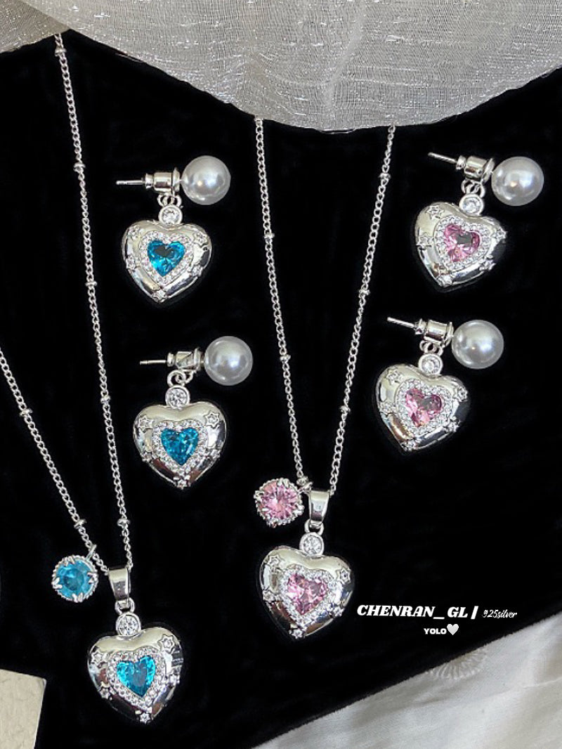 Love heart zircon necklace and stud earrings set
