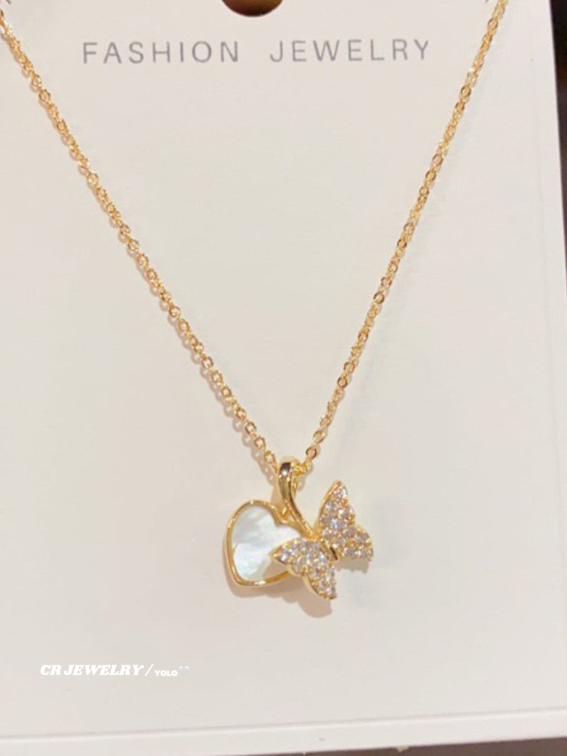 Sparkling diamond butterfly shell heart necklace