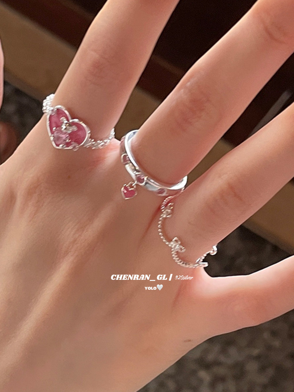 S925 silver sweet pink cute bear zircon bow ring