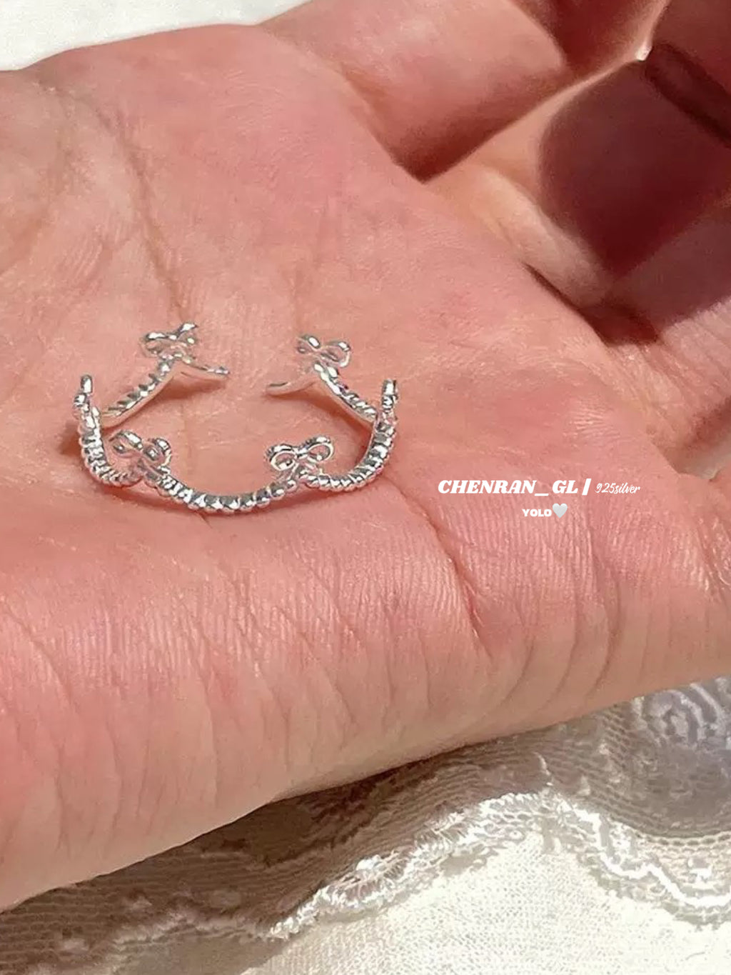 S925 silver sweet pink cute bear zircon bow ring