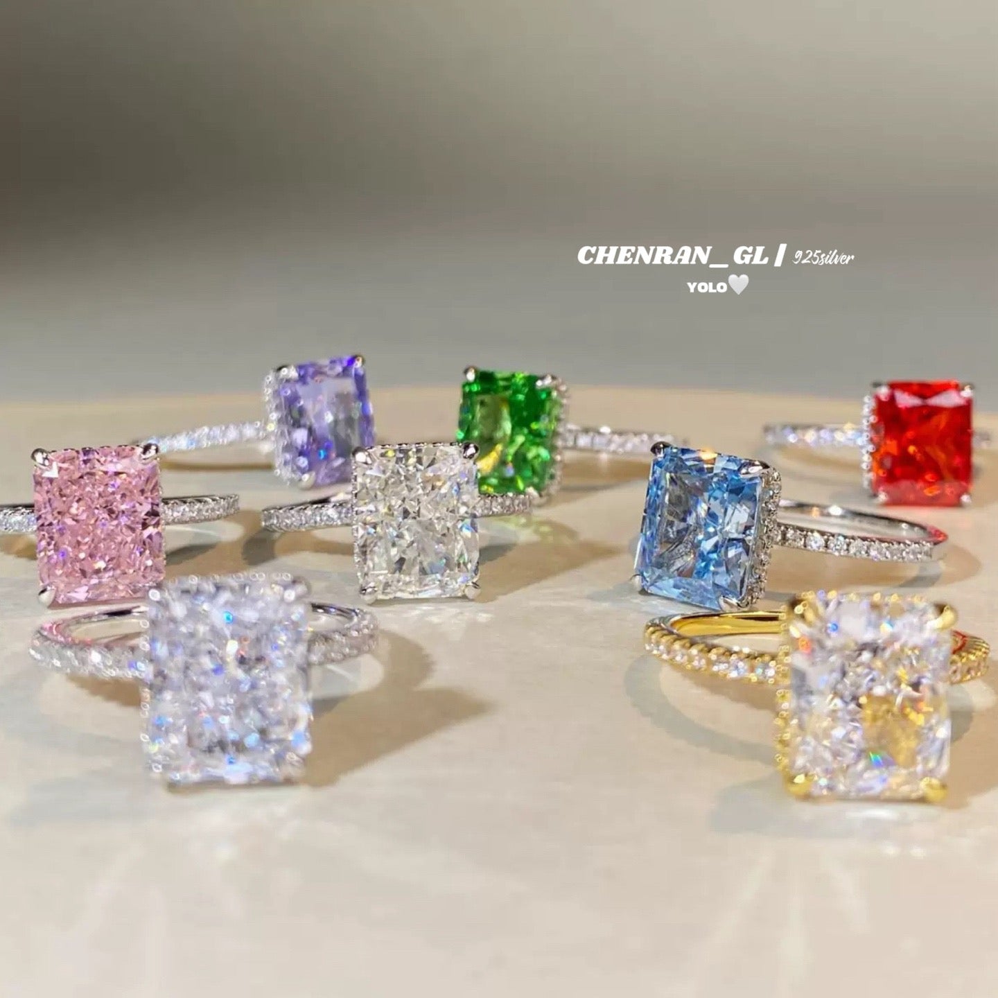 S925 silver ice flower 8X10 cut colored gemstone ring