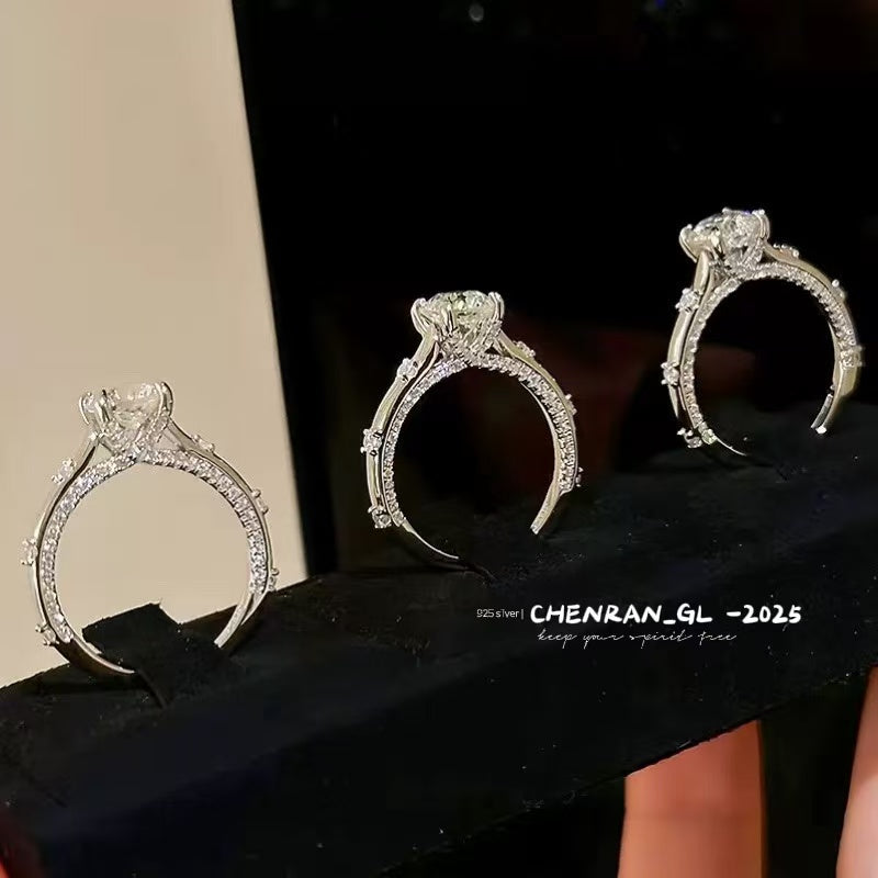 925 silver four-prong round diamond ring