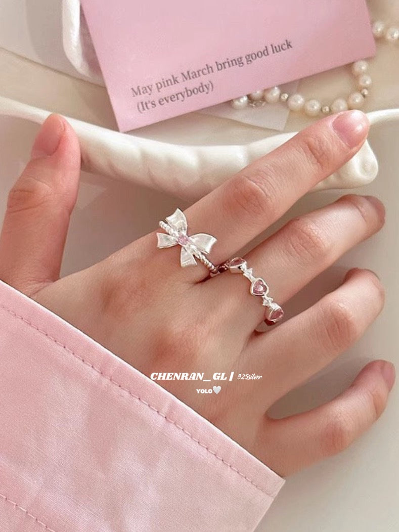 S925 silver bow pink diamond ring