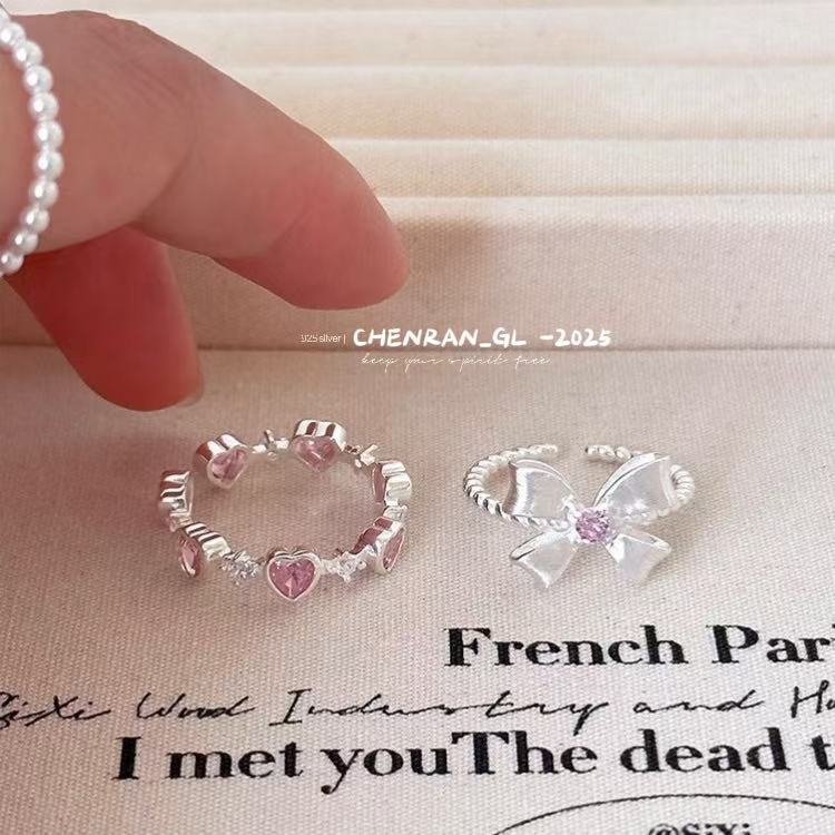 S925 silver bow pink diamond ring