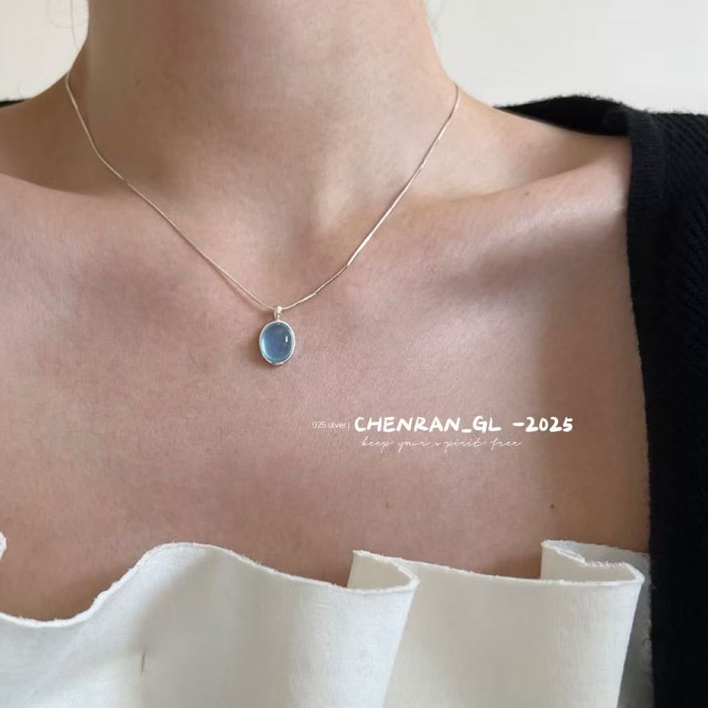 S925 silver water drop pendant aquamarine necklace