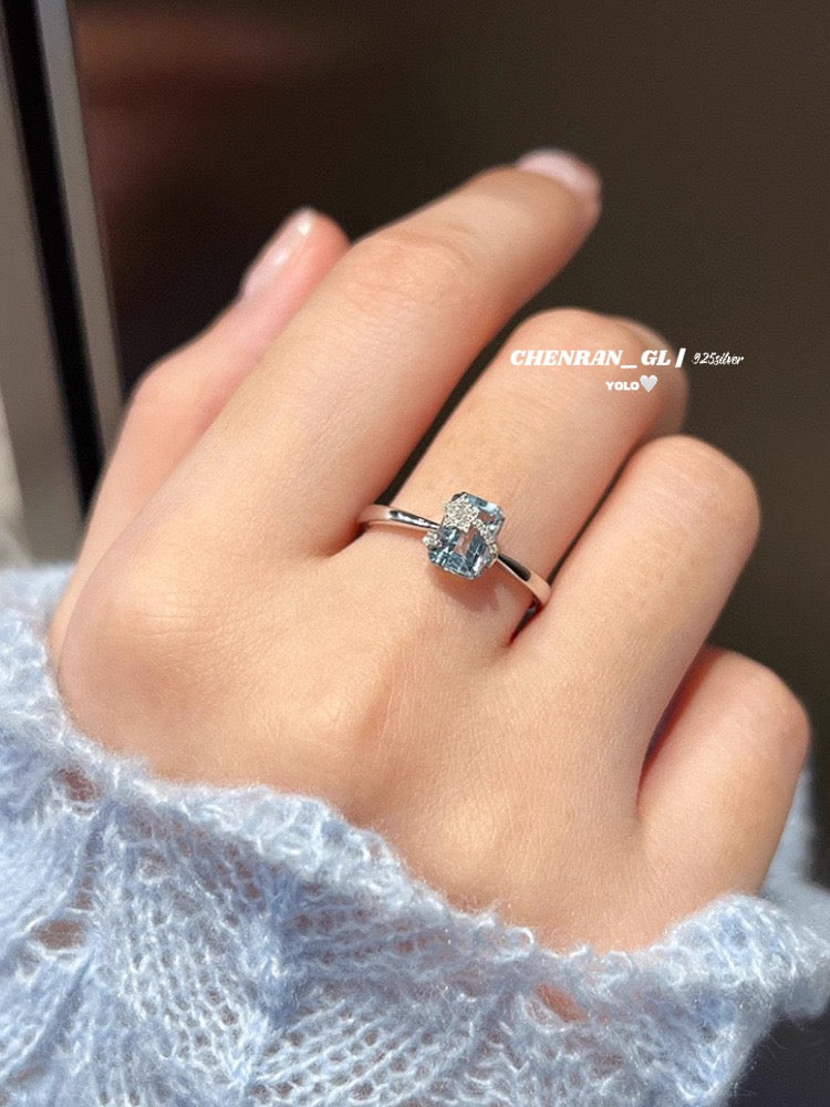 S925 silver meteor sea blue zirconium ring