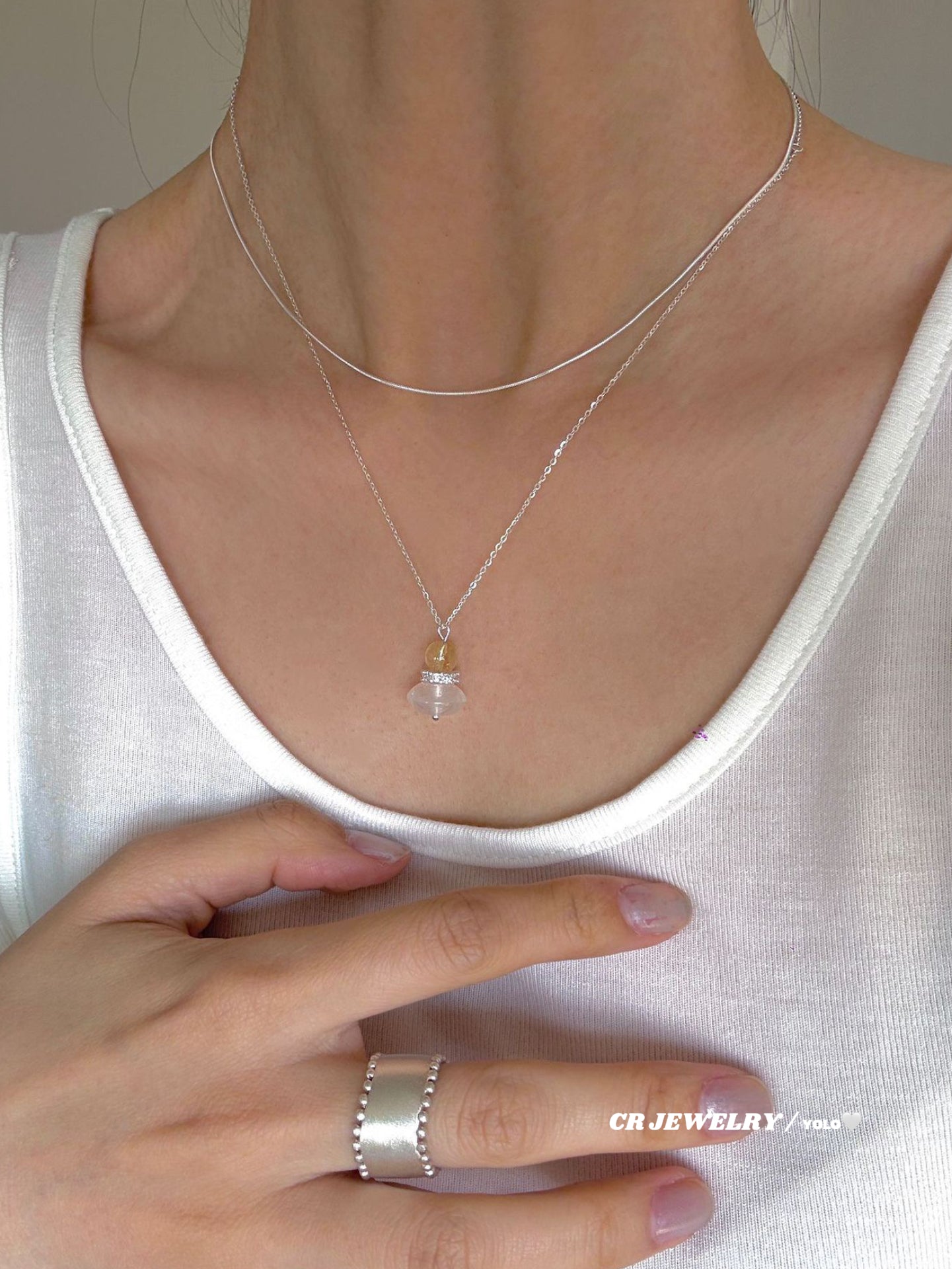 S925 silver natural white agate, yellow quartz, aquamarine necklace