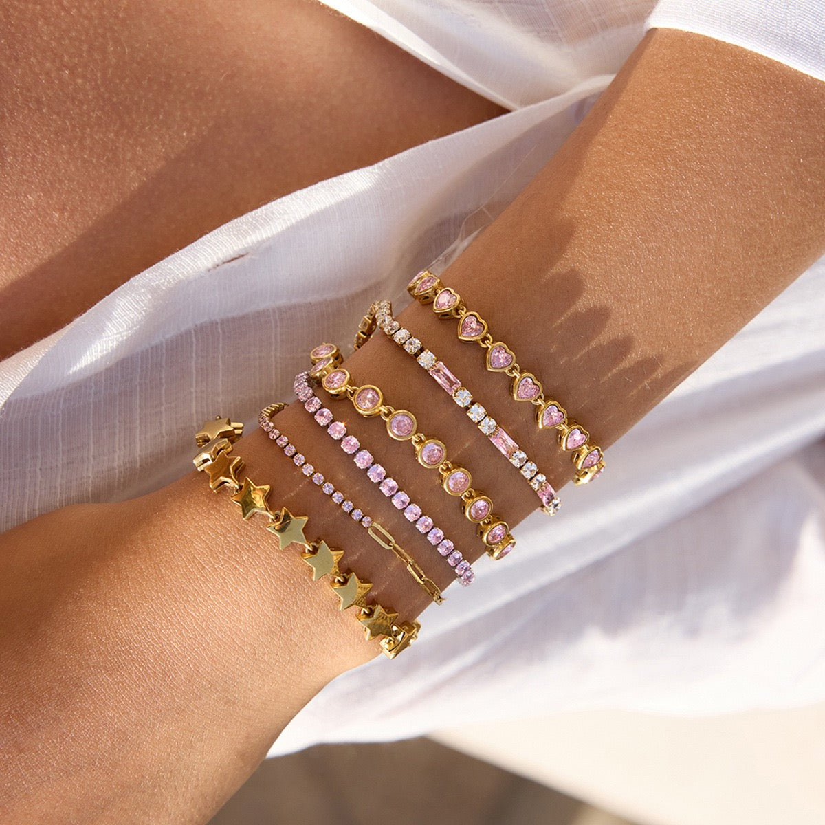 Stainless steel five-pointed star pink zirconia bracelet