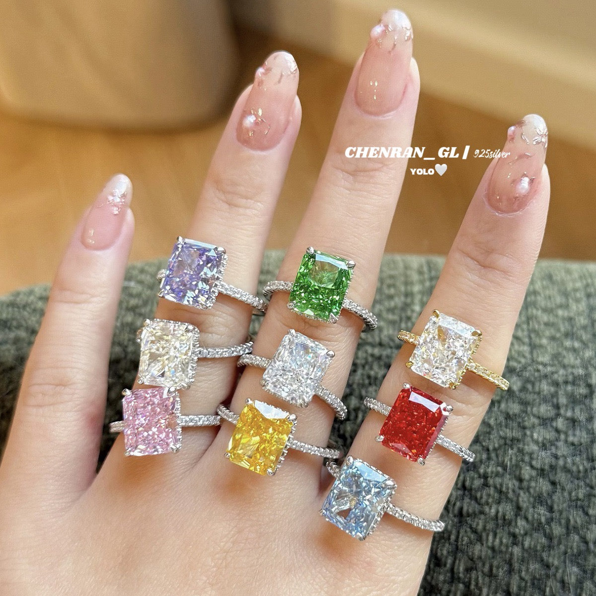 S925 silver ice flower 8X10 cut colored gemstone ring