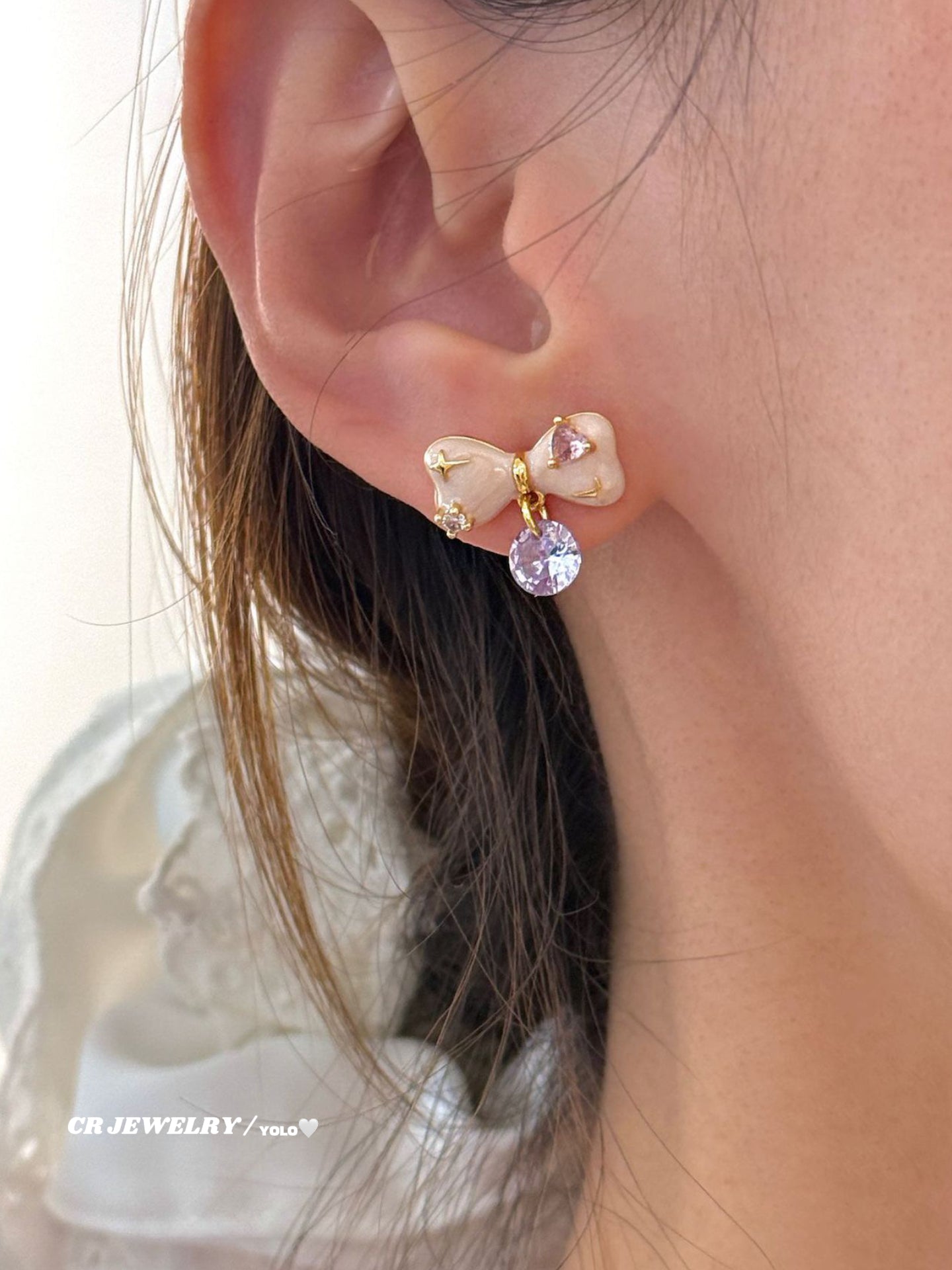 Sweet enamel drip glaze bow light purple zircon stud earrings