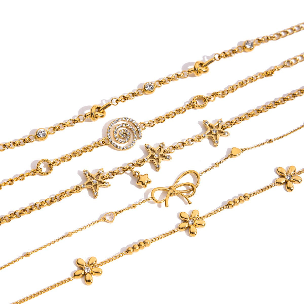 Bow, small flower, swirl stainless steel zirconia bracelet